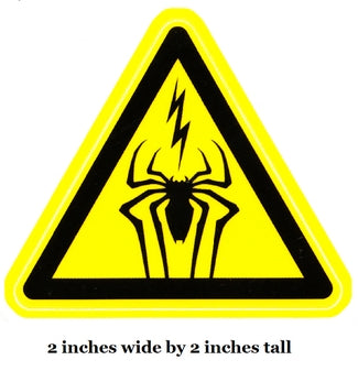 Warning sign with spider and lightning bolt symbol on a white background