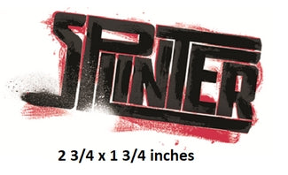 Black and red 'Spinter' logo with dimensions on a white background
