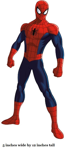 Superhero in red and blue costume with spider emblem on white background