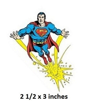 Superman graphic with size indication '2 1/2 x 3 inches' on a white background