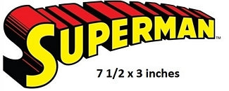 Superman logo with size indication '7 1/2 x 3 inches'.