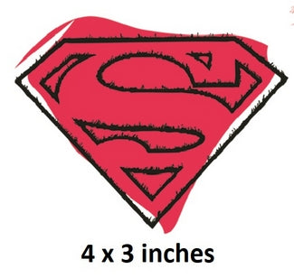 Superman logo in red and black with dimensions 4 x 3 inches on a white background