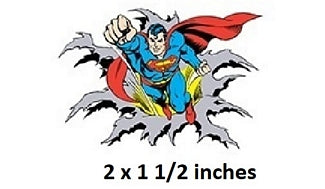 Superman graphic with a torn-paper effect and size indication on a white background