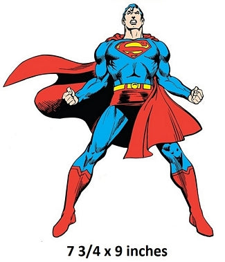 Superman character in blue and red costume with cape on a white background