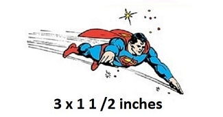 Superman flying with dimensions 3 x 1 1/2 inches displayed below.