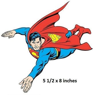 Superman flying with size label '5 1/2 x 8 inches' on a white background