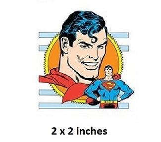 Superman character with red cape and blue hair, 2x2 inches size