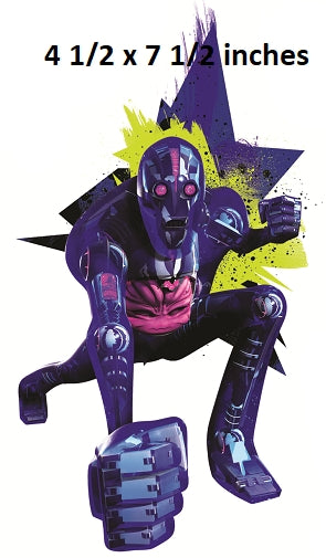 Colorful robot character with a dynamic pose on a white background