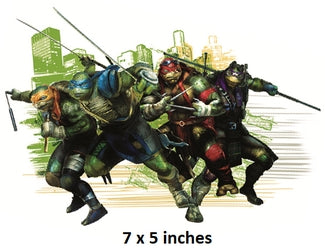 Three animated characters in action poses with a cityscape background, labeled '7 x 5 inches'.