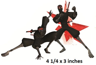 Two black ninja figurines with red accents on a white background