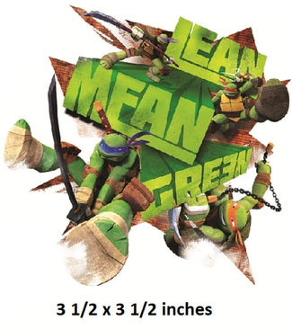Teenage Mutant Ninja Turtles character with 'Lean Mean Green' text on a white background