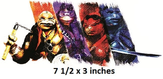 Four animated characters with a sword, labeled '7 1/2 x 3 inches'.