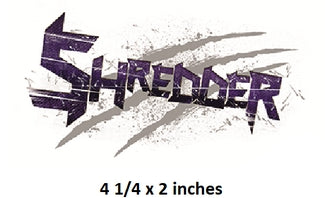 Shredder logo with size specification '4 1/4 x 2 inches' below it