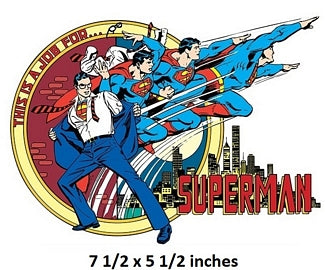 Superman comic book cover with city skyline and text, featuring Superman in a dynamic pose.