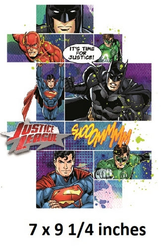 Collage of superhero characters with 'Justice League' text and 'It's time for justice!' speech bubble.