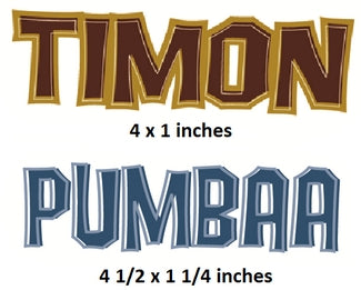 Text displaying 'TIMON' and 'PUMBAA' with dimensions below each.