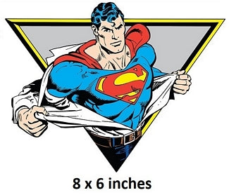 Superman character in a superhero pose with a logo, on a white background.