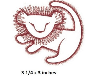 Red ink stamp impression of a lion on a white background with dimensions indicated.