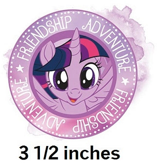 Circular badge with a unicorn illustration and text around it, size 3 1/2 inches.