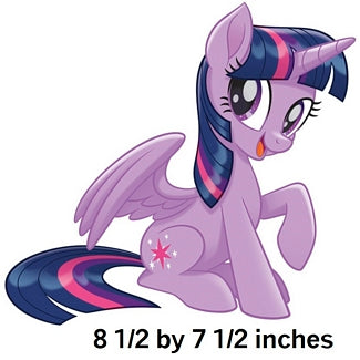 Cartoon pony with purple hair and wings on a white background