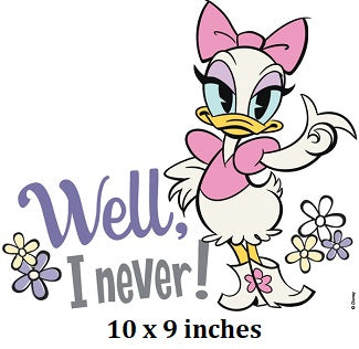 Cartoon character with 'Well, I never!' text and flowers on a white background