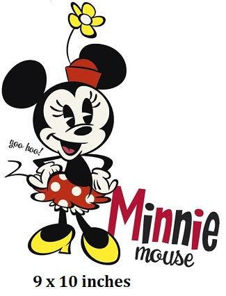 Cartoon character of Minnie Mouse with text and dimensions on a white background