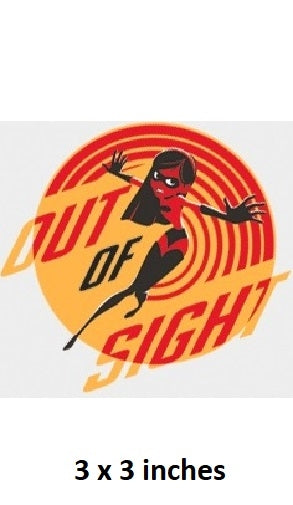 Sticker with superhero design and 'Out of Sight' text on a white background