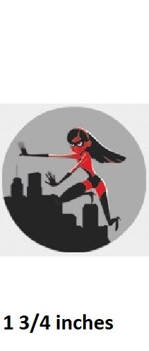 Illustration of a superheroine on a gray background with text indicating size.