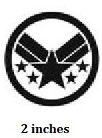 Circular emblem with a star and five smaller stars, labeled '2 inches'.