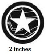 Circular emblem with a star in the center and text indicating size '2 inches'.