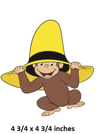 Cartoon monkey with a large yellow hat on a white background