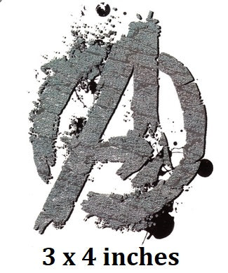 Black and white Avengers logo with splatter effect and '3 x 4 inches' text below.