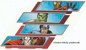 Four superhero action figures in a tiered display with dimensions indicated.
