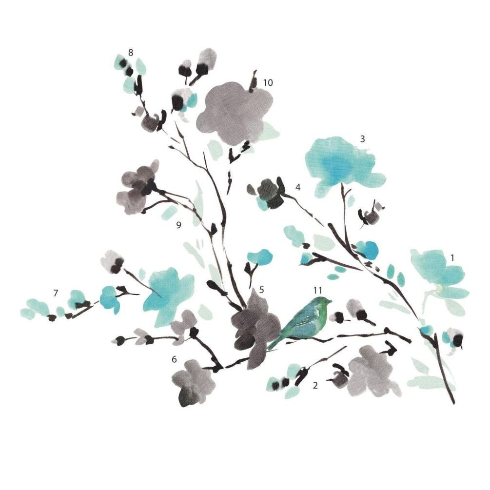 Lunarland BLOSSOM WATERCOLOR Wall Decals Bird Branch Room Decor Stickers Blue Flowers NEW