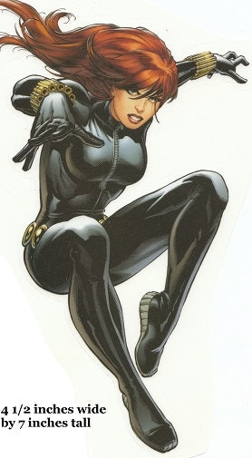 Comic book character in a black suit with red hair, flying pose.