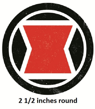 Logo with a red square in a black circle, labeled '2 1/2 inches round'.