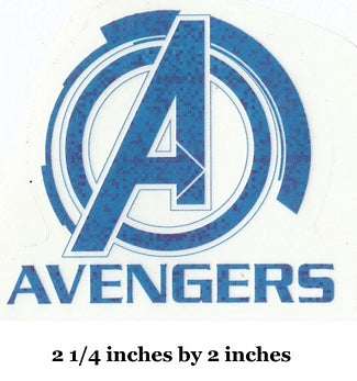 Avengers logo with size specification '2 1/4 inches by 2 inches' below it.