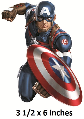 Captain America holding a shield with text indicating size on a white background
