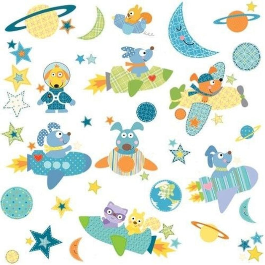 Lunarland Rocket Dog 51 Big Wall Decals Blue Space Ship Planets Room Decor Stickers New