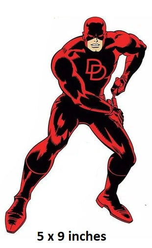 Superhero in red and black costume with 'D' emblem, standing pose on white background.