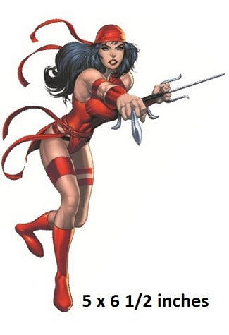 Comic book-style character in red and black costume with bow and arrow, 5 x 6 1/2 inches.