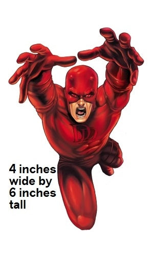 Red superhero character with text indicating size on a white background