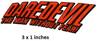 Daredevil logo with text 'The Man Without Fear' and dimensions '3 x 1 inches'.