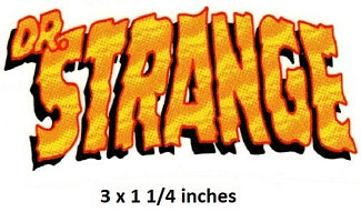 Logo of 'Dr. Strange' with text indicating size '3 x 1 1/4 inches'.