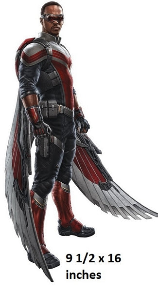 Superhero figure with cape and wings, standing on a white background