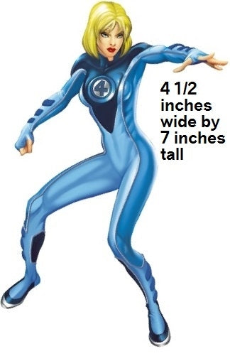 Superhero figurine in a blue suit with size information on a white background