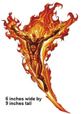 Flaming figure design with dimensions on a white background