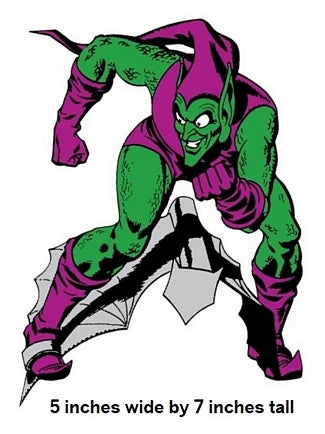 Cartoon character in green and purple costume with text indicating size