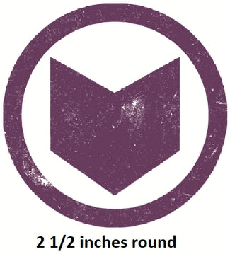 Purple logo with a circular border and text indicating size