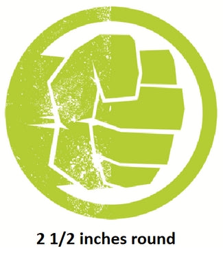 Green circle with a white fist graphic and text indicating size.